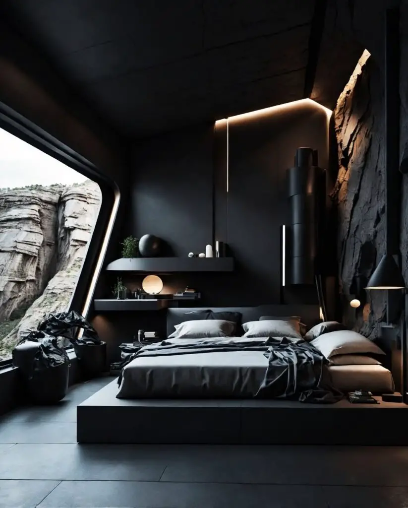 Contemporary bedroom integrated within natural rock formation structure