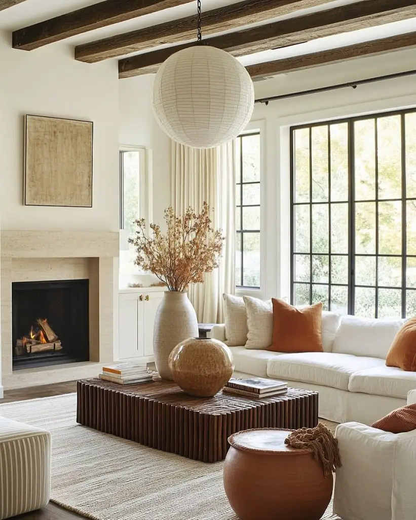 Modern living room with wooden beams white furniture and paper lantern pendant