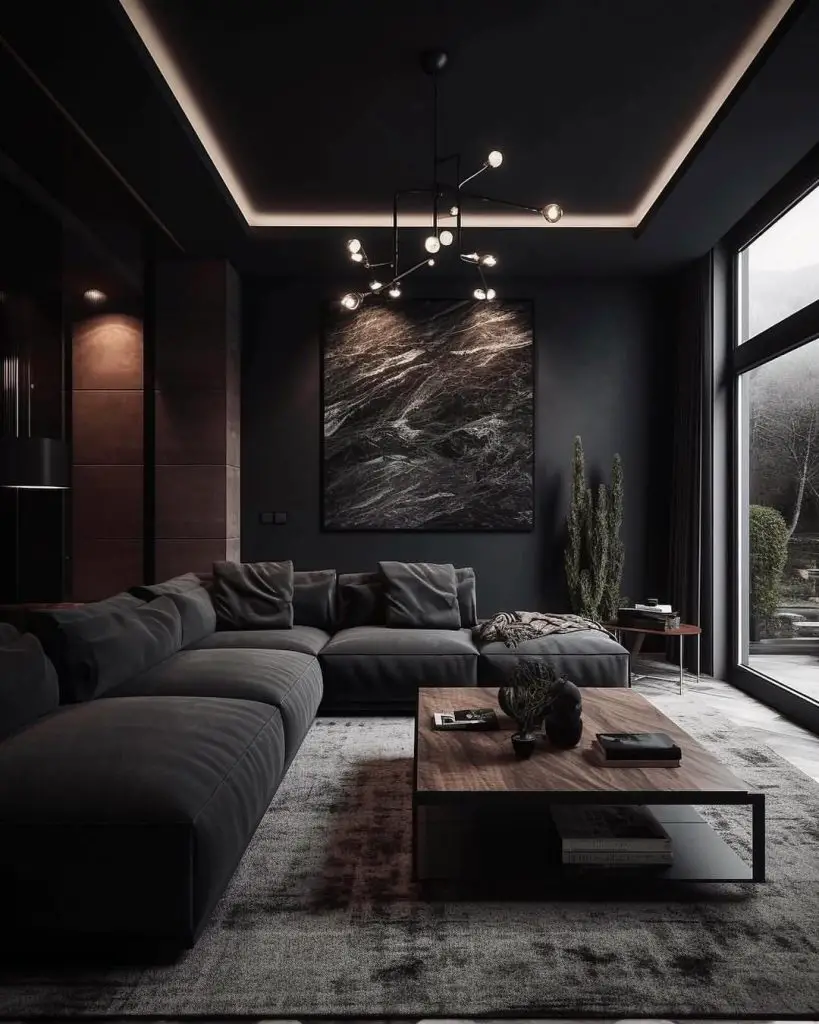 Black living room with abstract art and modern lighting