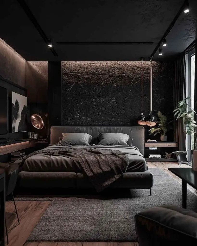 Modern black bedroom with tropical plants and wooden accents