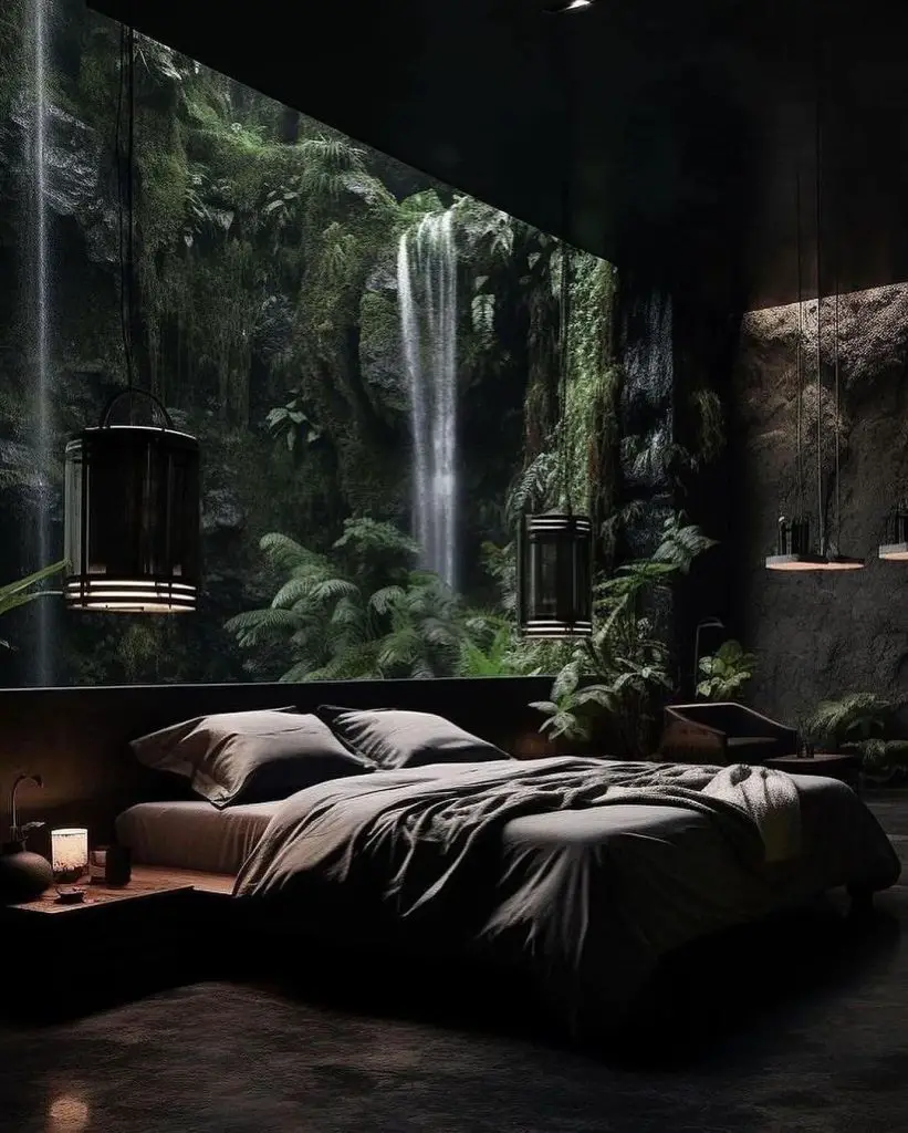Dark bedroom with waterfall wall feature and hanging pendant lights