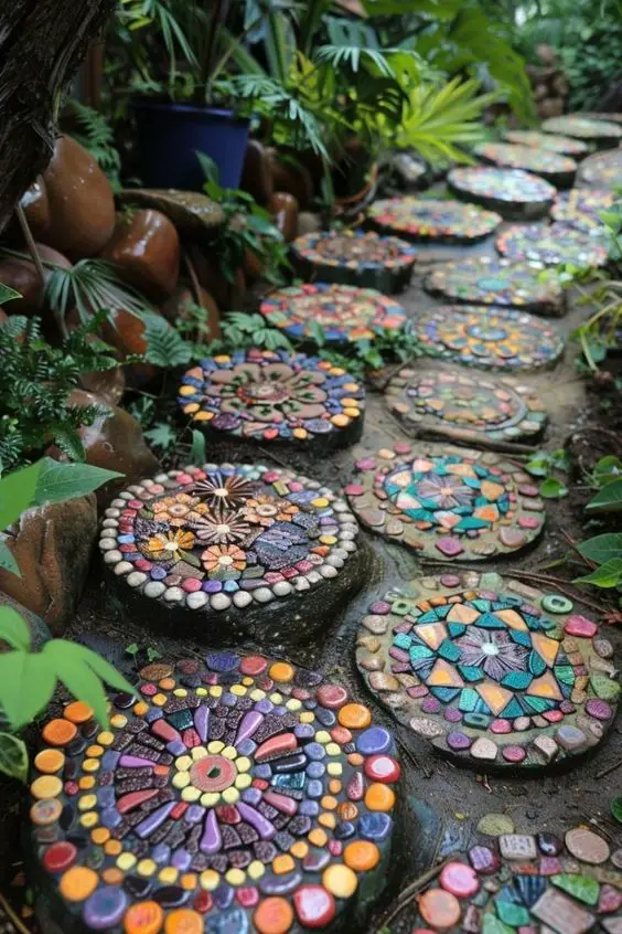 Colorful mosaic stepping stones with mandala patterns in garden setting