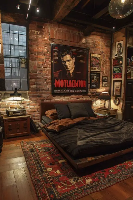 Modern bedroom with film noir poster brick walls and vintage decor