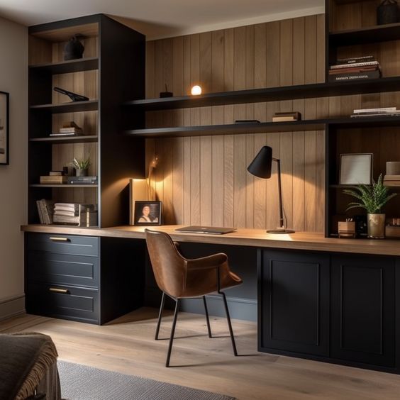 Dark wood office with black cabinets and brown leather chair