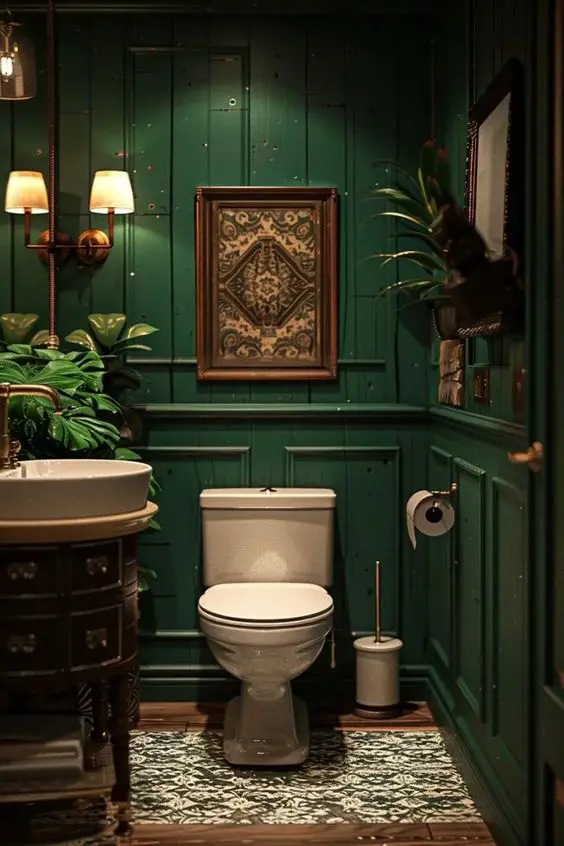 Dark green powder room with vintage decor brass fixtures and patterned floor