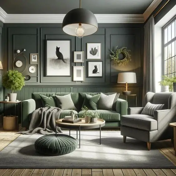 Dark green living room with cat artwork and velvet sofa