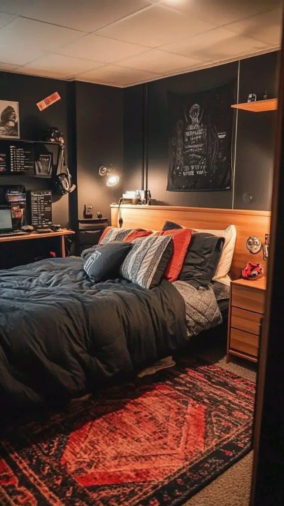 Dark themed gaming bedroom with wooden accents and red rug