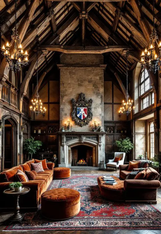 Gothic style living room with exposed beams velvet furniture and stone fireplace
