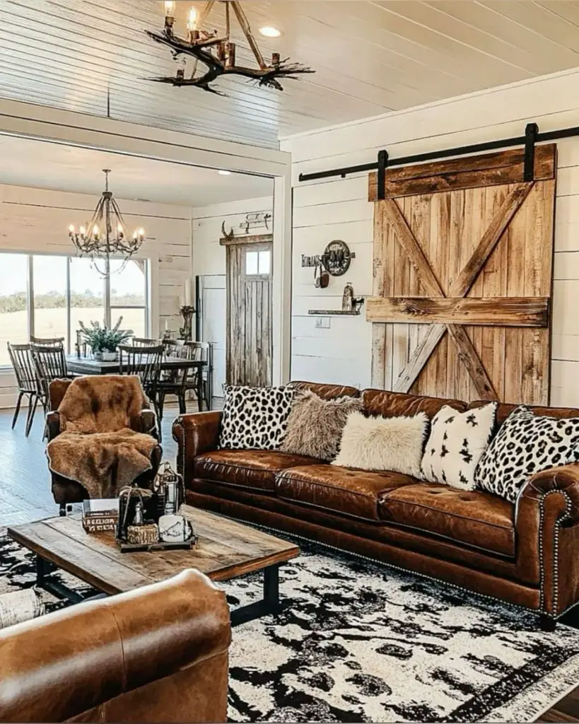 Farmhouse living room with sliding barn door leather sofa and industrial lighting