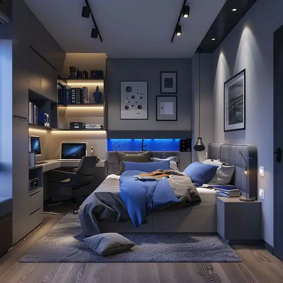 Contemporary gray bedroom with blue LED lighting and built in storage