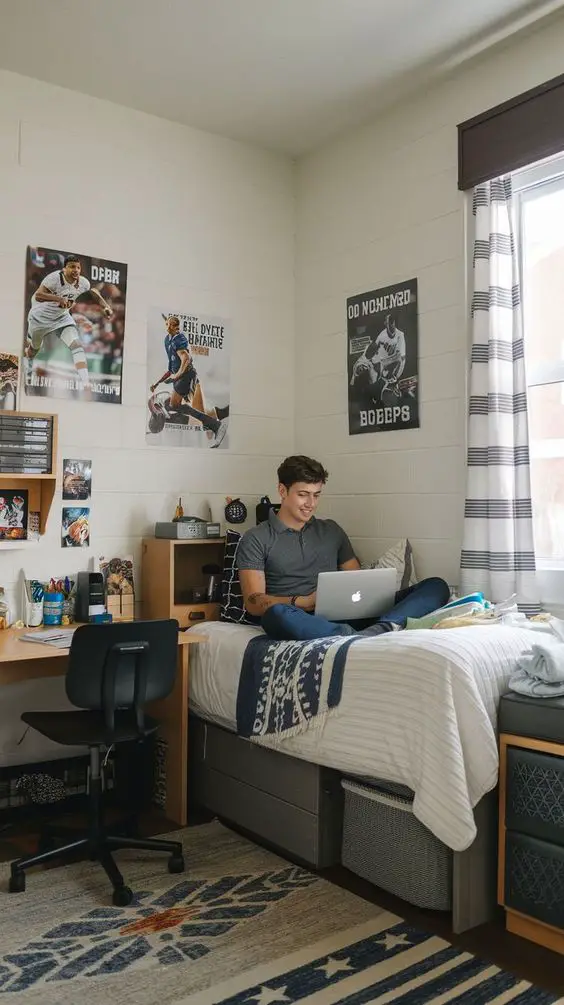 College dorm room with sports posters and built in storage bed