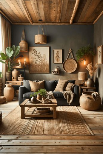 Cozy dark green living room with natural decor and woven elements