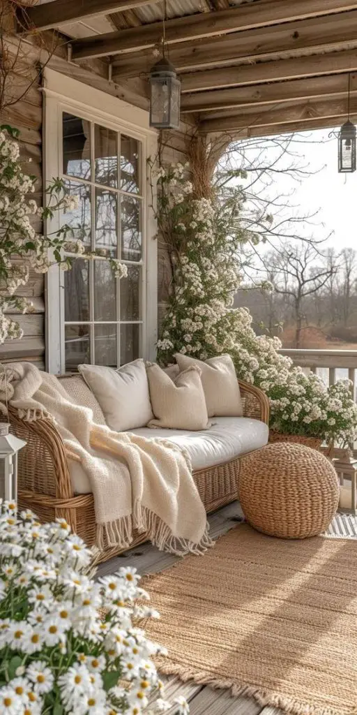 Woven porch furniture with white cushions and climbing flowers