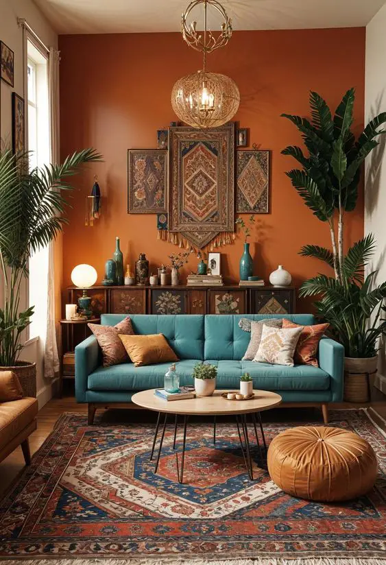 Living room with terracotta walls and teal sofa surrounded by global decor