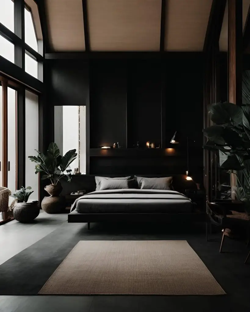 Dark bedroom with large plants and contemporary platform bed