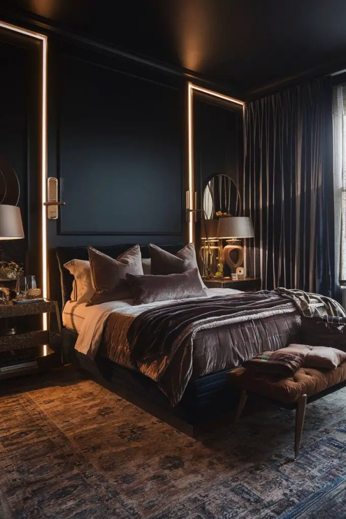 Modern bedroom with LED frame lighting and velvet furnishings