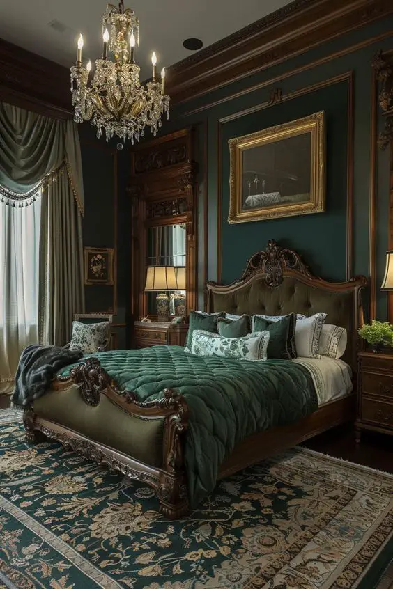 Elegant green bedroom with crystal chandelier and carved wooden bed