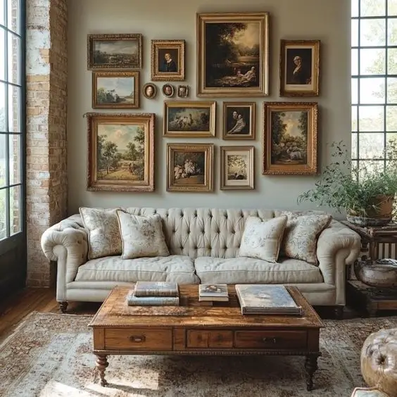 Living room with vintage portrait gallery wall and cream chesterfield sofa