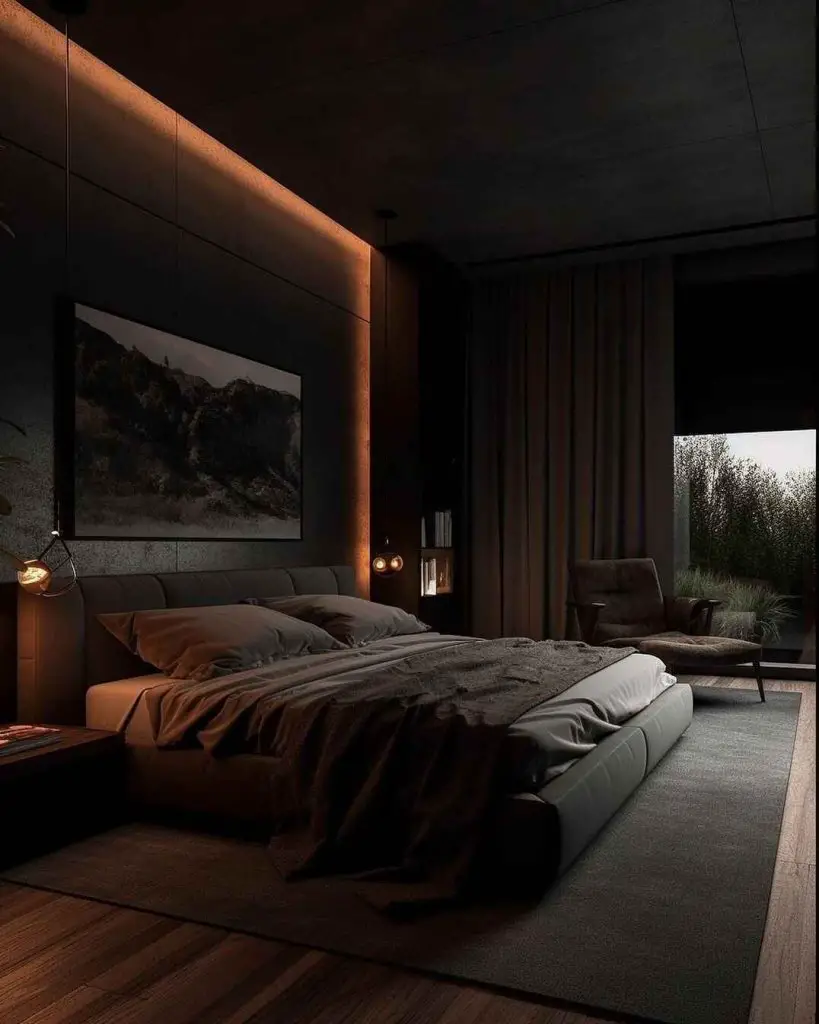 Futuristic bedroom with blue and red neon lighting features