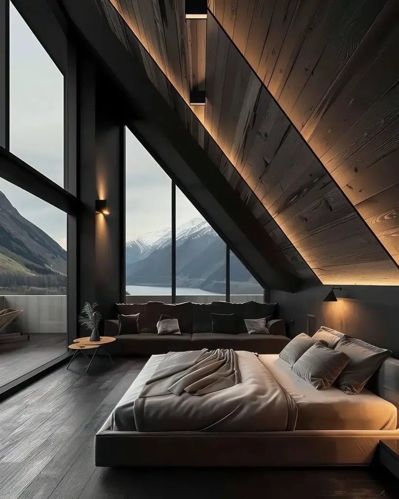 Modern dark bedroom with lake view and sloped wooden ceiling