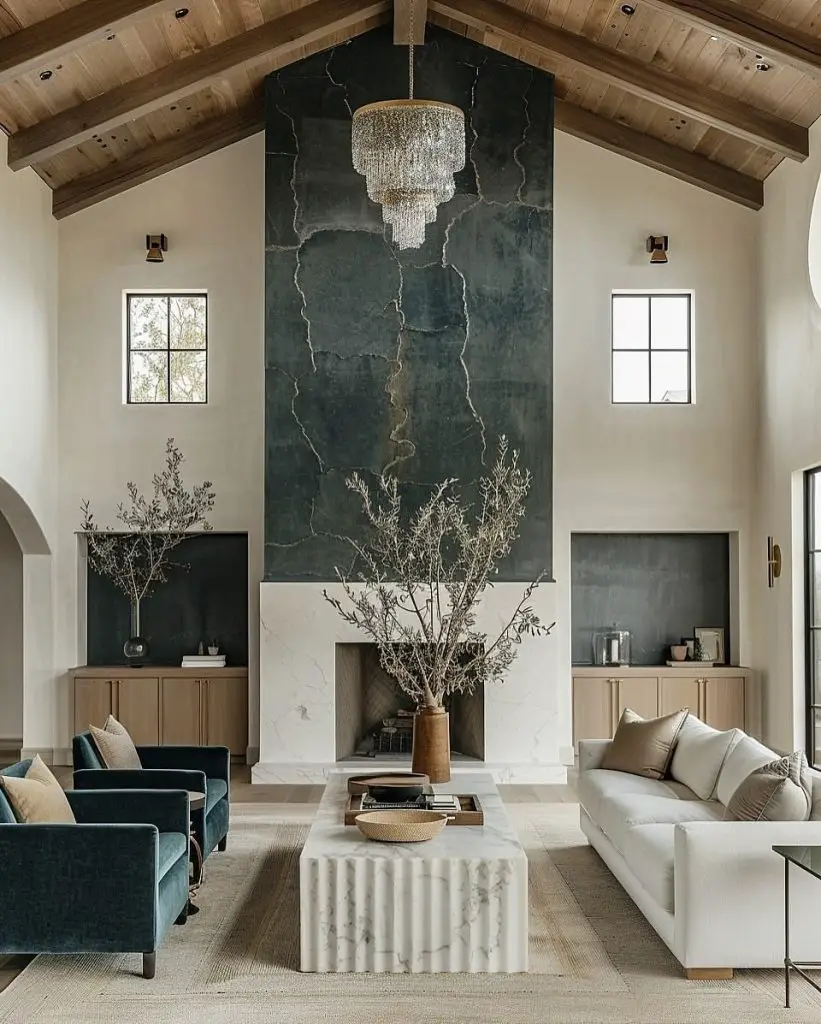 Arched living room with green built ins white sofa and wooden coffee table