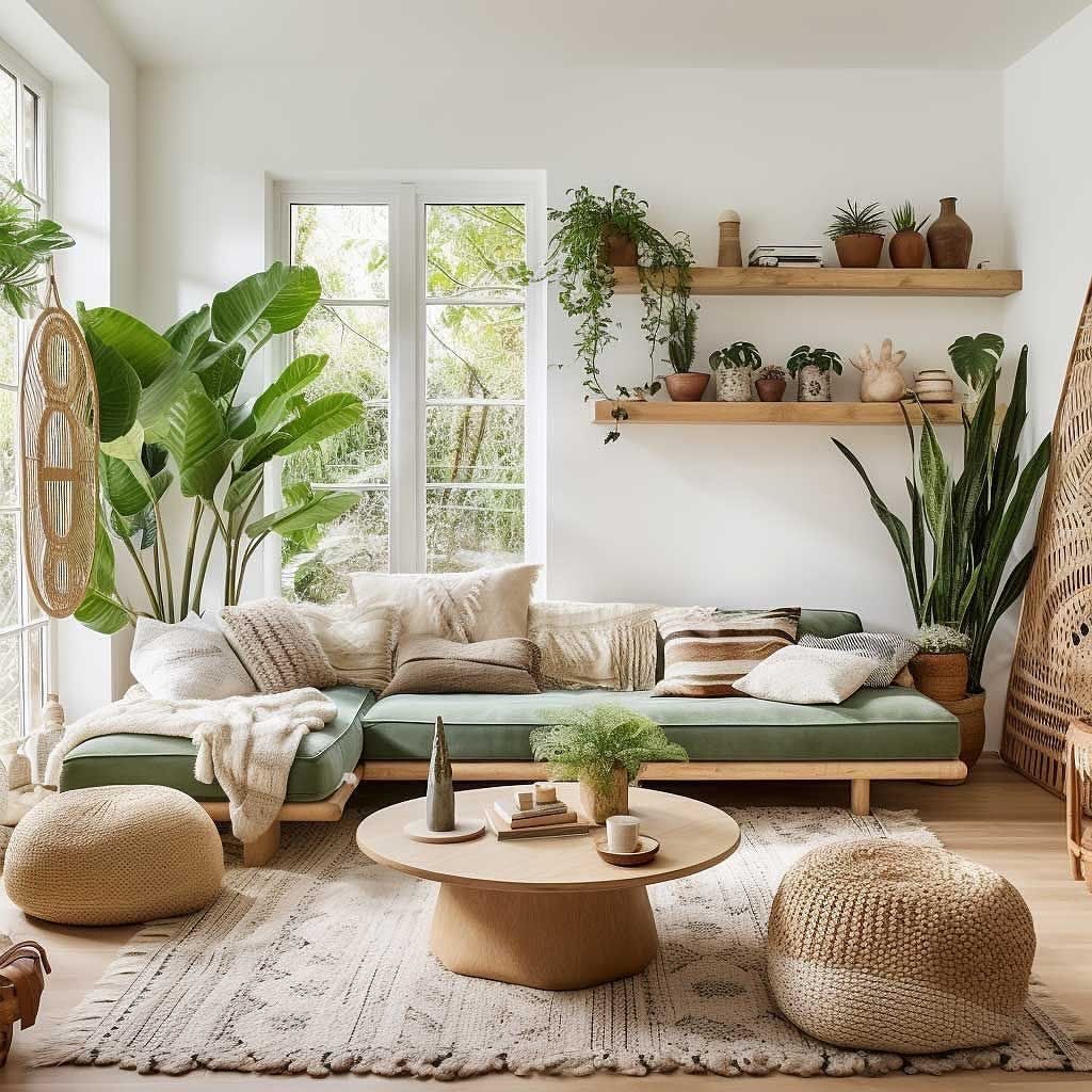 Bright corner with white walls plants and modern furniture arrangement
