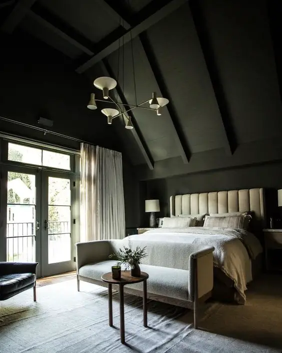 Three dark bedroom designs with modern lighting and furniture layouts