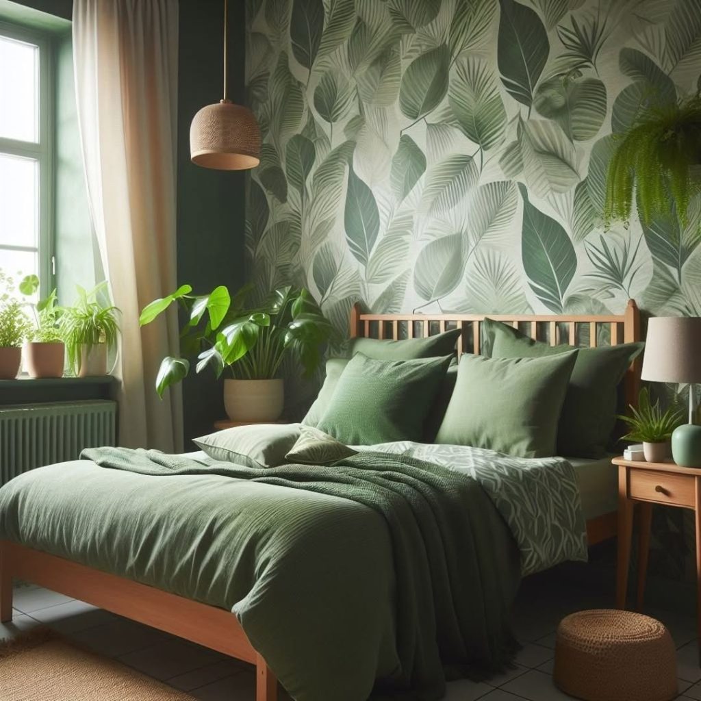 Green bedroom with palm leaf wallpaper and wooden bed frame surrounded by plants
