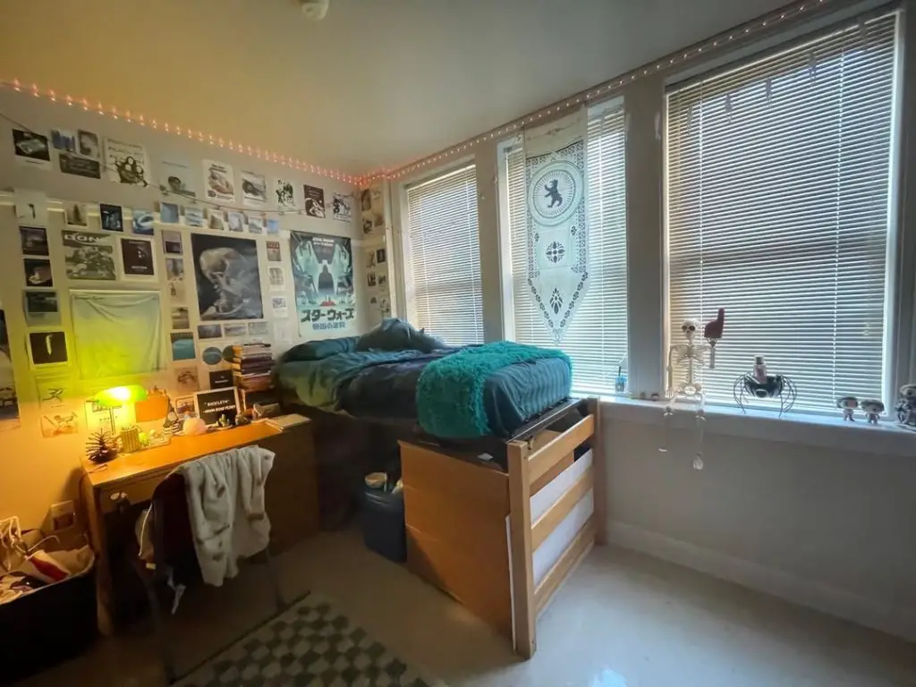 Minimalist dorm room with white bedding and botanical wall art