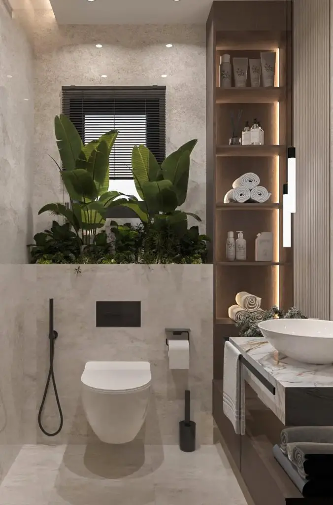 Contemporary bathroom with large plants and built-in storage shelves