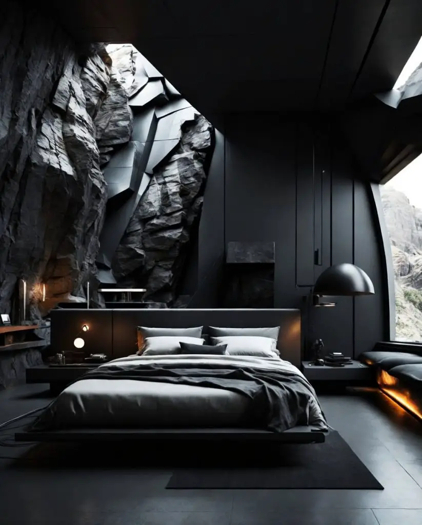 Modern bedroom featuring dramatic rock wall and floating platform bed