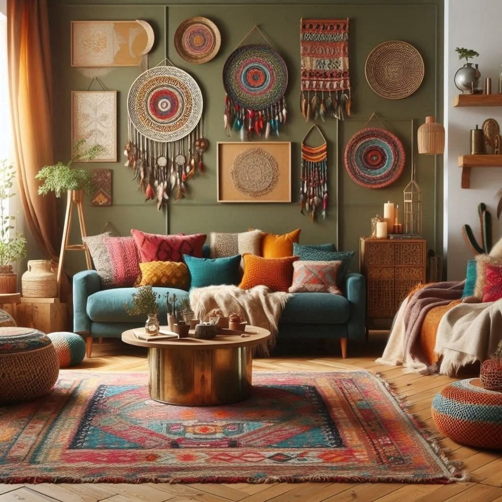 Living room with sage green wall dreamcatchers teal sofa and vintage rug.