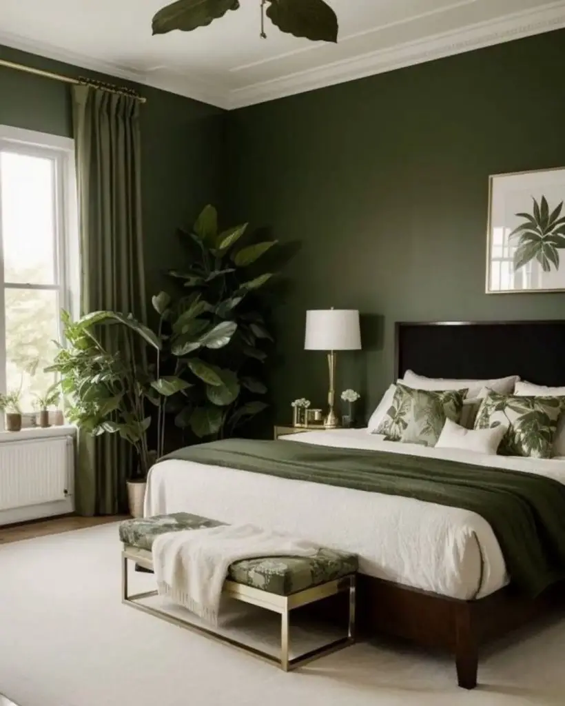 Modern bedroom with forest green walls white bedding and large potted plants