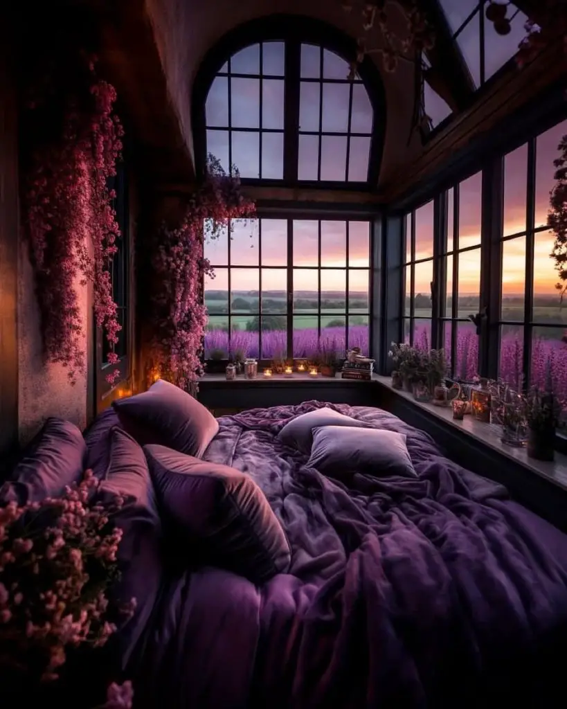 Cozy bedroom with purple bedding overlooking lavender field at sunset.