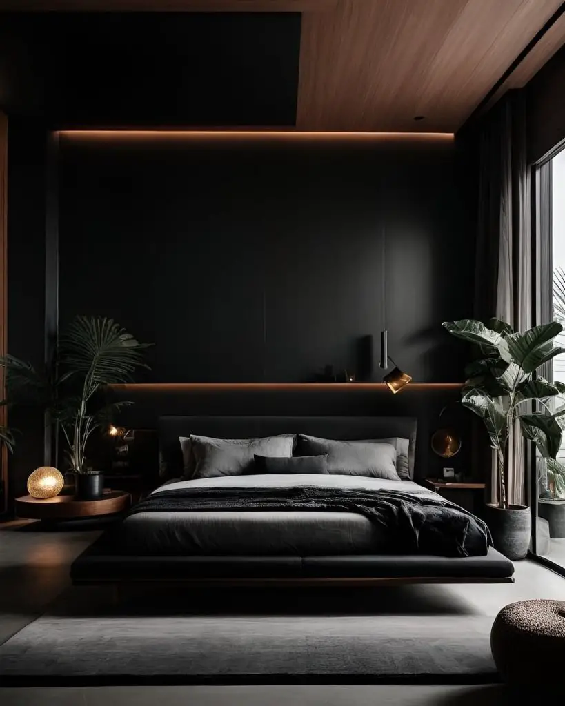 Modern bedroom with geometric neon lighting and city views