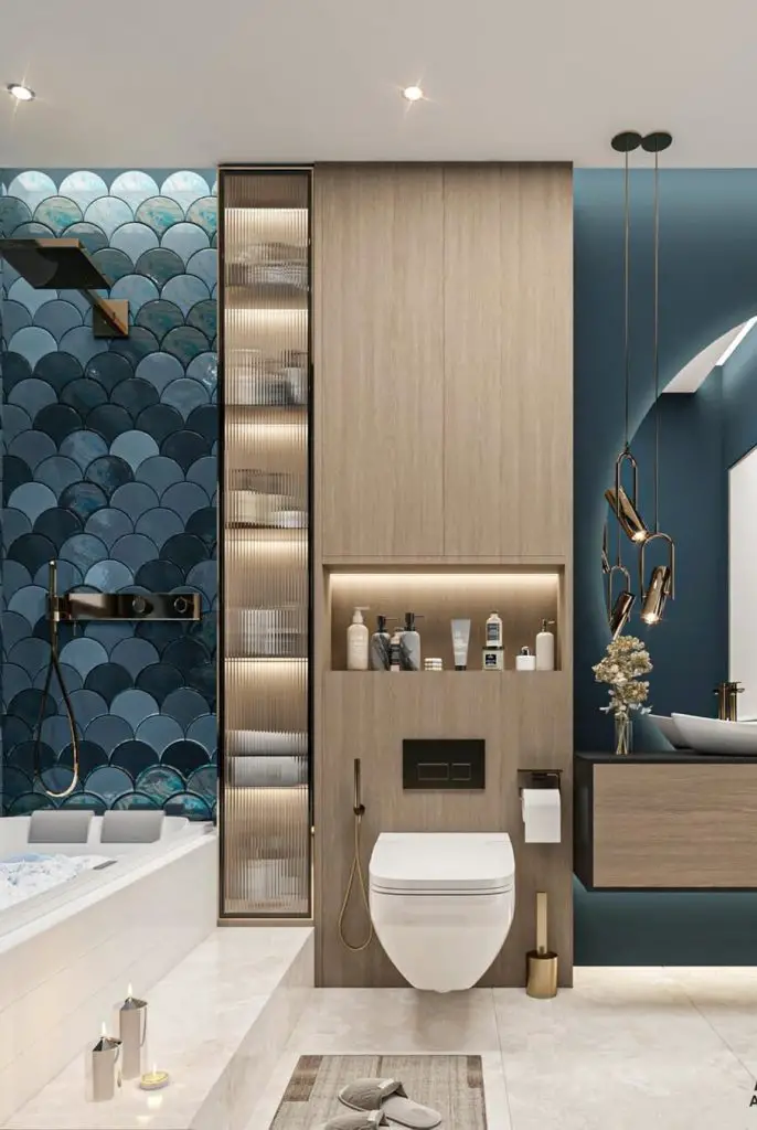 Modern bathroom with blue fish scale tiles and wood accents