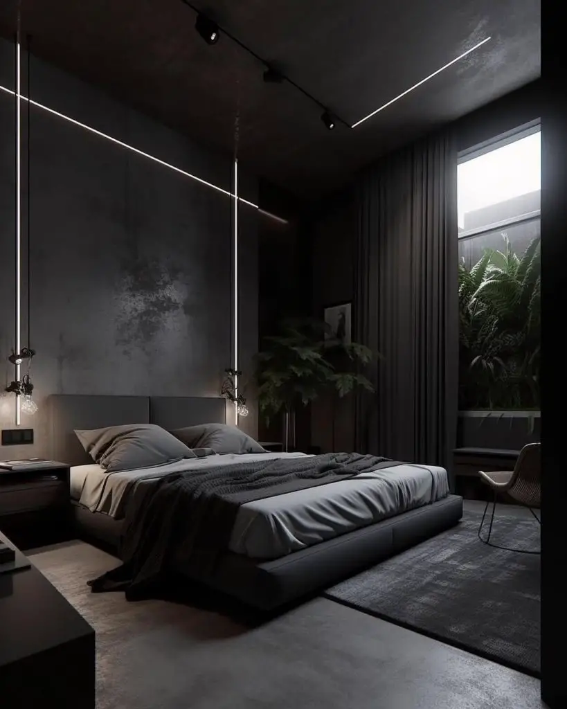 Modern dark bedroom with linear lighting and floor-to-ceiling windows