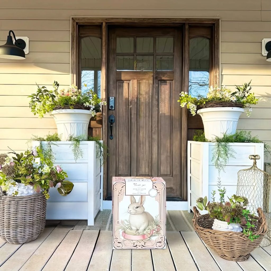 White porch with navy doors and matching rocking chairs