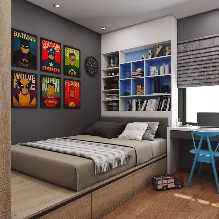 Superhero themed bedroom with comic art posters platform bed and built in storage