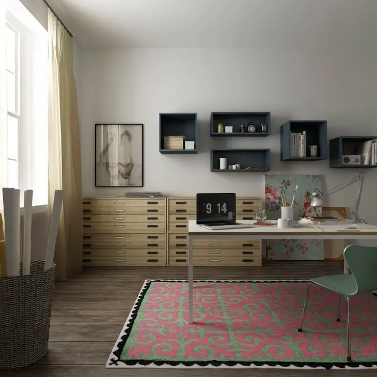 Minimalist home office with wooden desk and blue accent chair