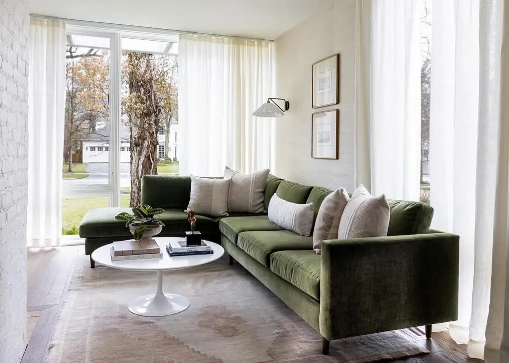 Green living room with patterned chair large plant and zebra blinds