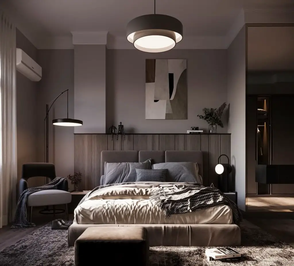 Modern dark bedroom with curved floor lamp abstract art and wood paneling