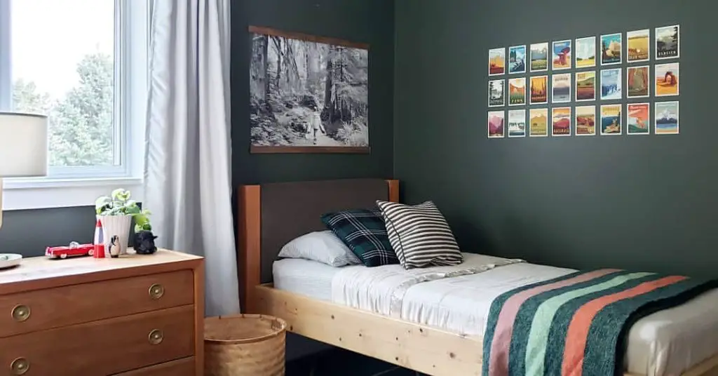 Boys bedroom with green walls nature posters and wooden dresser