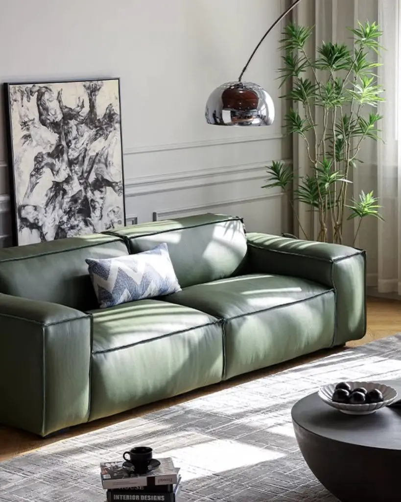 Grey modern living room with plants black accent wall and LED light