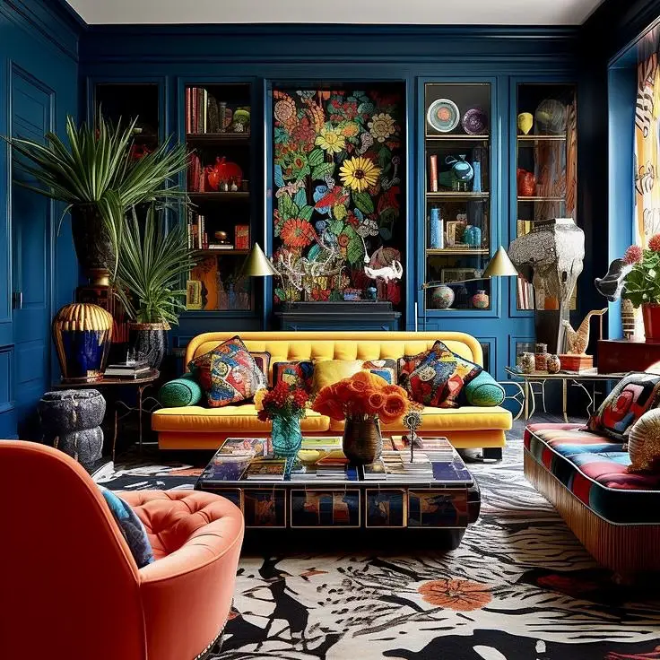 Blue room with yellow sofa floral tapestry and colorful decor
