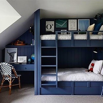 Navy blue built in bunk beds with desk area and modern decor