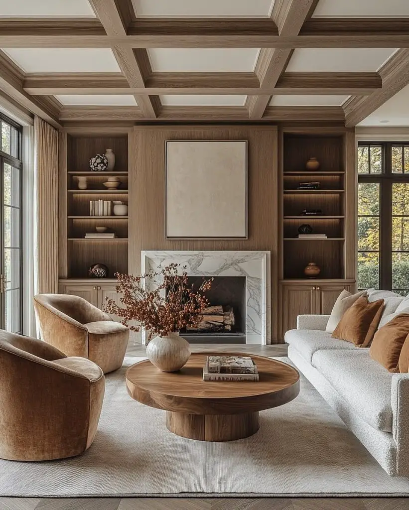 White living room with globe pendant light and textured accent wall