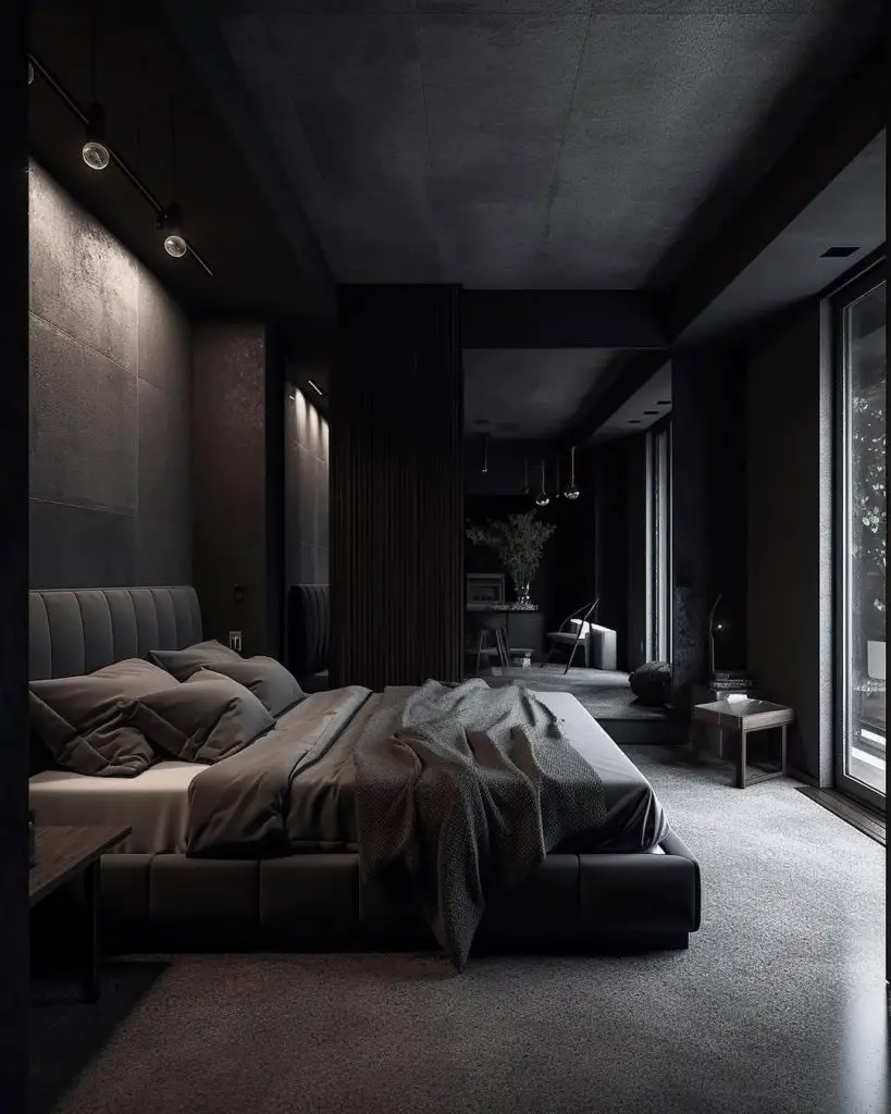 Dark bedroom featuring tufted headboard and suspended lighting