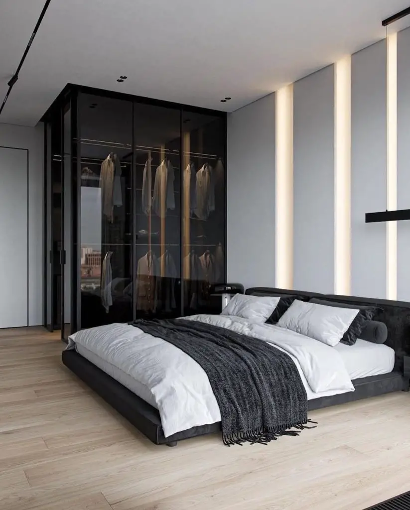Bedroom with wooden mountain artwork and floating shelves