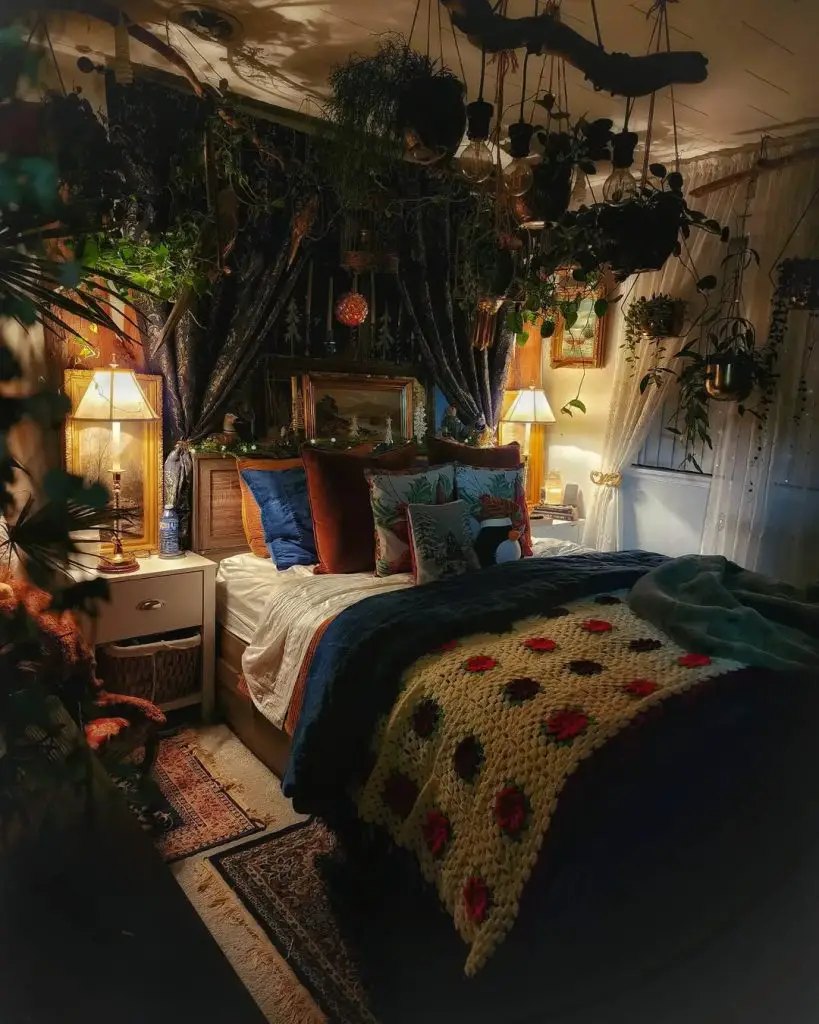 Bedroom with hanging plants vintage decor and floral bedding